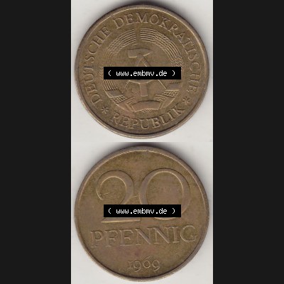 DDR Münze 1969-1990 Umlaufmünze / Kursmünze 1969-1990, 20 Pfennig 1969-3, DDR-Telefonmünze. Vorderseite und Rückseite vertikal untereinander zusammengefügt,... Sammlung
