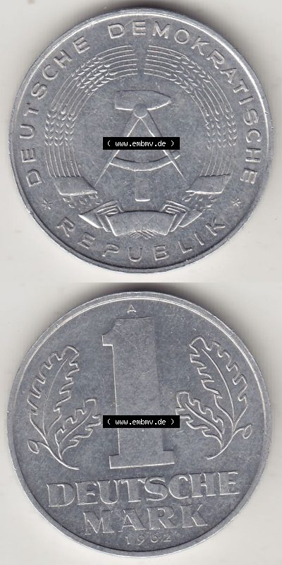 DDR Münze 1956-1990 Umlaufmünze / Kursmünze 1956-1963, A 1 Deutsche Mark 1962 (Stück 1). Vorderseite und Rückseite vertikal... Sammlung