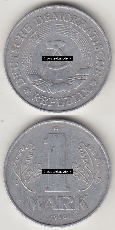 DDR Münze 1956-1990 Umlaufmünze / Kursmünze 1972-1990, A 1 Mark 1978. Vorderseite und Rückseite vertikal untereinander zusammengefügt,... Sammlung