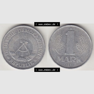 DDR Münze 1956-1990 Umlaufmünze / Kursmünze 1972-1990, A 1 Mark 1977-1. Vorderseite und Rückseite horizontal rechts nebeneinander zusammengefügt, der 1-Mark... Sammlung