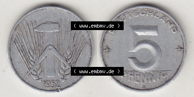 DDR Münze 1948-1990 Umlaufmünze / Kursmünze 1952-1953, A 5 Pfennig 1952 (Stück 2). Vorderseite und Rückseite horizontal rechts... Sammlung