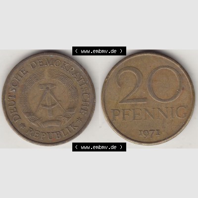 DDR Münze 1969-1990 Umlaufmünze / Kursmünze 1969-1990, 20 Pfennig 1971-2, DDR-Telefonmünze. Vorderseite und Rückseite horizontal rechts nebeneinander zusammengefügt,... Sammlung