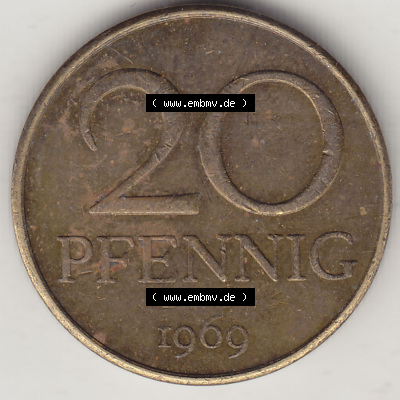 DDR Münze 1969-1990 Umlaufmünze / Kursmünze 1969-1990, 20 Pfennig 1969 (Stück 5), DDR-Telefonmünze. Rückseite mit Wertzahl... Sammlung