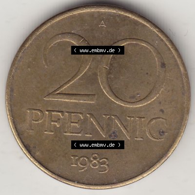DDR Münze 1969-1990 Umlaufmünze / Kursmünze 1969-1990, 20 Pfennig 1983-1, DDR-Telefonmünze. Rückseite mit Wertzahl bzw. Nominalwert der 20 Pfennig... Sammlung