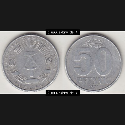DDR Münze 1958-1990 Umlaufmünze / Kursmünze 1958-1990, A 50 Pfennig 1971-3 der DDR-Mark. Vorderseite und Rückseite horizontal rechts nebeneinander zusammengefügt,... Sammlung