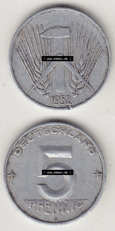 DDR Münze 1948-1990 Umlaufmünze / Kursmünze 1952-1953, A 5 Pfennig 1952 (Stück 2). Vorderseite und Rückseite vertikal untereinander... Sammlung