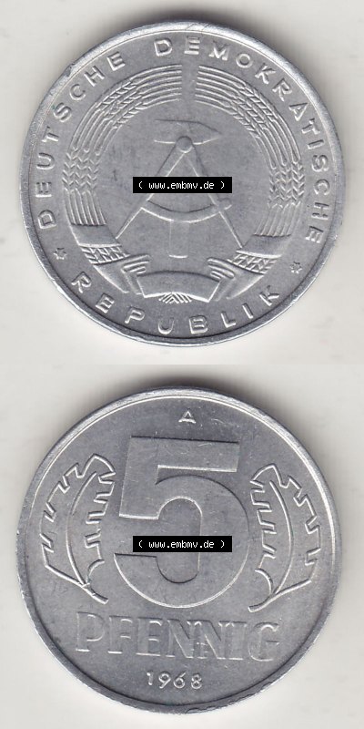 DDR Münze 1948-1990 Umlaufmünze / Kursmünze 1968-1990, A 5 Pfennig 1968 (Stück 6). Vorderseite und Rückseite vertikal untereinander... Sammlung