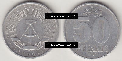 DDR Münze 1958-1990 Umlaufmünze / Kursmünze 1958-1990, A 50 Pfennig 1981 (Stück 1) der DDR-Mark. Vorderseite und Rückseite... Sammlung