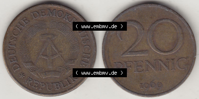 DDR Münze 1969-1990 Umlaufmünze / Kursmünze 1969-1990, 20 Pfennig 1969 (Stück 4), DDR-Telefonmünze. Vorderseite und Rückseite... Sammlung