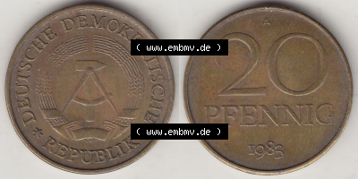 DDR Münze 1969-1990 Umlaufmünze / Kursmünze 1969-1990, 20 Pfennig 1983 (Stück 2), DDR-Telefonmünze. Vorderseite und Rückseite... Sammlung