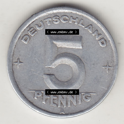DDR Münze 1948-1990 Umlaufmünze / Kursmünze 1948-1950, A 5 Pfennig 1948 (Stück 1). Rückseite der 5 Pfennig Münze der DDR.... Sammlung