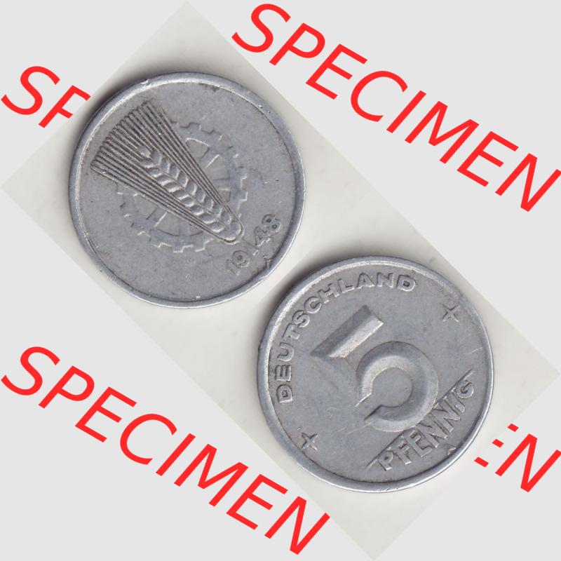 DDR Münze 1948-1990 Umlaufmünze / Kursmünze 1948-1950, A 5 Pfennig 1948-1. Vorderseite und Rückseite vertikal untereinander zusammengefügt, der 5 Pfennig... Sammlung