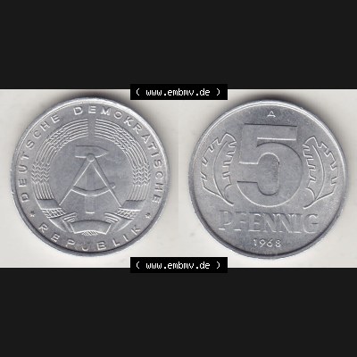DDR Münze 1948-1990 Umlaufmünze / Kursmünze 1968-1990, A 5 Pfennig 1968-5. Vorderseite und Rückseite horizontal rechts nebeneinander zusammengefügt, der... Sammlung