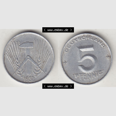 DDR Münze 1948-1990 Umlaufmünze / Kursmünze 1952-1953, A 5 Pfennig 1952-1. Vorderseite und Rückseite horizontal rechts nebeneinander zusammengefügt, der... Sammlung