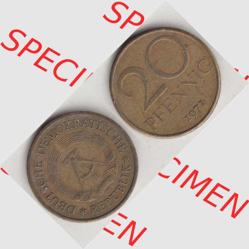 DDR Münze 1969-1990 Umlaufmünze / Kursmünze 1969-1990, 20 Pfennig 1971-2, DDR-Telefonmünze. Vorderseite und Rückseite horizontal rechts nebeneinander zusammengefügt,... Sammlung