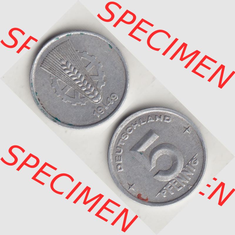DDR Münze 1948-1990 Umlaufmünze / Kursmünze 1948-1950, A 5 Pfennig 1949-1. Vorderseite und Rückseite vertikal untereinander zusammengefügt, der 5 Pfennig... Sammlung