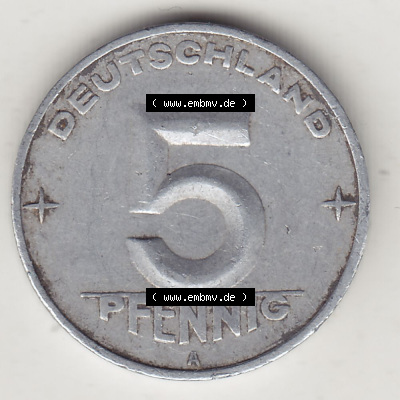 DDR Münze 1948-1990 Umlaufmünze / Kursmünze 1952-1953, A 5 Pfennig 1952 (Stück 2). Rückseite der 5 Pfennig Münze der DDR.... Sammlung
