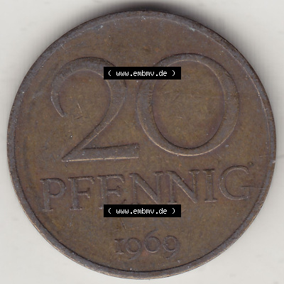 DDR Münze 1969-1990 Umlaufmünze / Kursmünze 1969-1990, 20 Pfennig 1969 (Stück 4), DDR-Telefonmünze. Rückseite mit Wertzahl... Sammlung