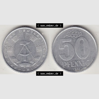 DDR Münze 1958-1990 Umlaufmünze / Kursmünze 1958-1990, A 50 Pfennig 1971-1 der DDR-Mark. Vorderseite und Rückseite horizontal rechts nebeneinander zusammengefügt,... Sammlung