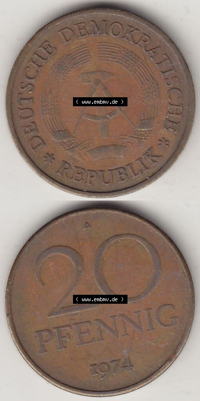 DDR Münze 1969-1990 Umlaufmünze / Kursmünze 1969-1990, 20 Pfennig 1974 (Stück 1), DDR-Telefonmünze. Vorderseite und Rückseite... Sammlung