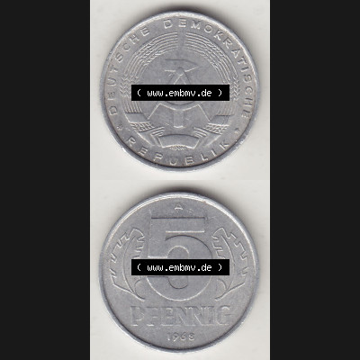 DDR Münze 1948-1990 Umlaufmünze / Kursmünze 1968-1990, A 5 Pfennig 1968-4. Vorderseite und Rückseite vertikal untereinander zusammengefügt, der 5 Pfennig... Sammlung