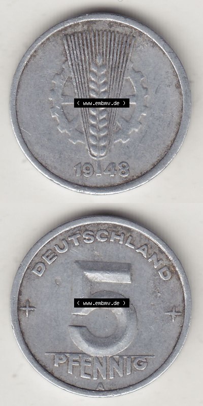 DDR Münze 1948-1990 Umlaufmünze / Kursmünze 1948-1950, A 5 Pfennig 1948 (Stück 3). Vorderseite und Rückseite vertikal untereinander... Sammlung