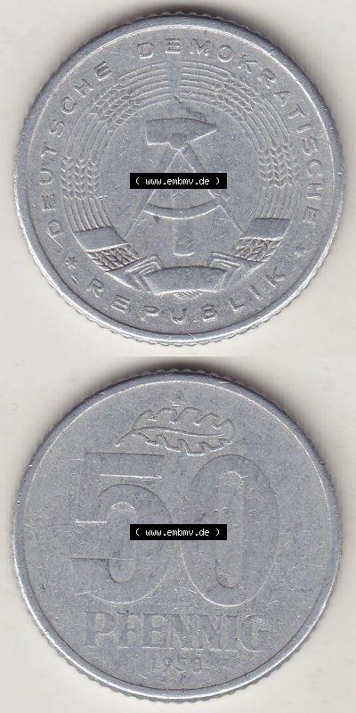 DDR Münze 1958-1990 Umlaufmünze / Kursmünze 1958-1990, A 50 Pfennig 1958 (Stück 3) der DDR-Mark. Vorderseite und Rückseite... Sammlung
