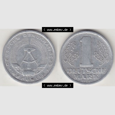 DDR Münze 1956-1990 Umlaufmünze / Kursmünze 1956-1963, A 1 Deutsche Mark 1956-1. Vorderseite und Rückseite horizontal rechts nebeneinander zusammengefügt,... Sammlung
