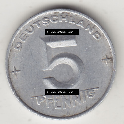 DDR Münze 1948-1990 Umlaufmünze / Kursmünze 1952-1953, A 5 Pfennig 1952 (Stück 1). Rückseite der 5 Pfennig Münze der DDR.... Sammlung