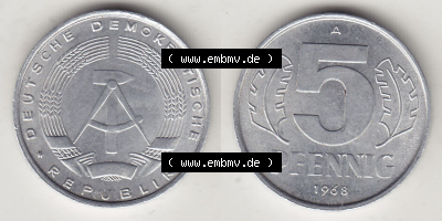 DDR Münze 1948-1990 Umlaufmünze / Kursmünze 1968-1990, A 5 Pfennig 1968 (Stück 5). Vorderseite und Rückseite horizontal rechts... Sammlung