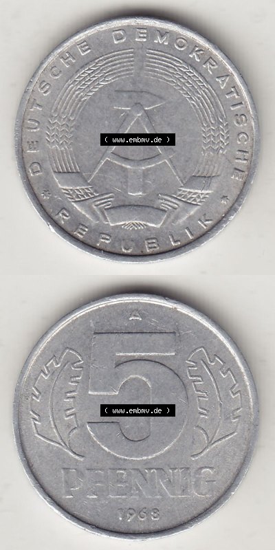 DDR Münze 1948-1990 Umlaufmünze / Kursmünze 1968-1990, A 5 Pfennig 1968 (Stück 4). Vorderseite und Rückseite vertikal untereinander... Sammlung