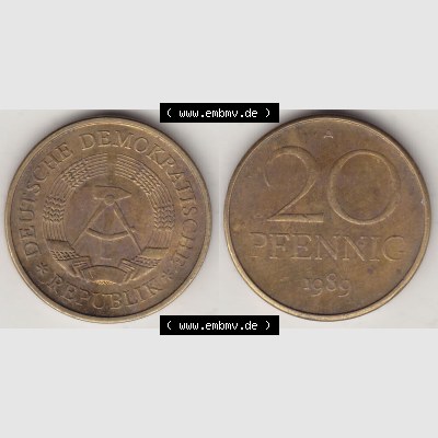 DDR Münze 1969-1990 Umlaufmünze / Kursmünze 1969-1990, 20 Pfennig 1989-1, DDR-Telefonmünze. Vorderseite und Rückseite horizontal rechts nebeneinander zusammengefügt,... Sammlung