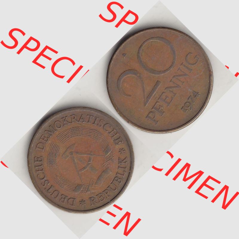 DDR Münze 1969-1990 Umlaufmünze / Kursmünze 1969-1990, 20 Pfennig 1974-1, DDR-Telefonmünze. Vorderseite und Rückseite horizontal rechts nebeneinander zusammengefügt,... Sammlung