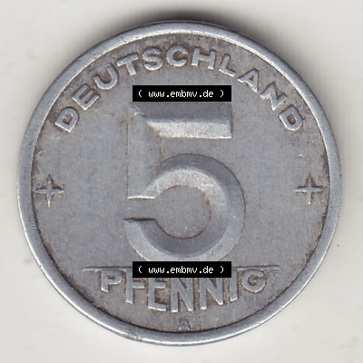 DDR Münze 1948-1990 Umlaufmünze / Kursmünze 1948-1950, A 5 Pfennig 1948 (Stück 2). Rückseite der 5 Pfennig Münze der DDR.... Sammlung