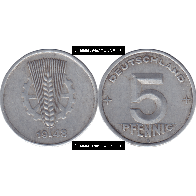 DDR Münze Umlaufmünze / Kursmünze 1948-1950, A 5 Pfennig 1948-02. Bildmaterial als transparente PNG-Grafik mit der Vorderseite und Rückseite horizontal rechts nebeneinander... Sammlung