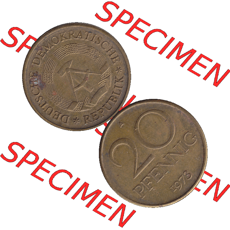 DDR Münze Umlaufmünze / Kursmünze 1969-1990, 20 Pfennig 1973-02, DDR-Telefonmünze. Bildmaterial als transparente PNG-Grafik mit der Vorderseite und Rückseite... Sammlung