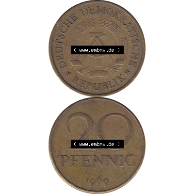 DDR Münze Umlaufmünze / Kursmünze 1969-1990, 20 Pfennig 1969-10, DDR-Telefonmünze. Bildmaterial als transparente PNG-Grafik mit der Vorderseite und Rückseite... Sammlung