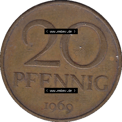 DDR Münze Umlaufmünze / Kursmünze 1969-1990, 20 Pfennig 1969-31, 1960er Jahre, DDR-Telefonmünze. Bildmaterial als transparente PNG-Grafik mit der Rückseite... Sammlung