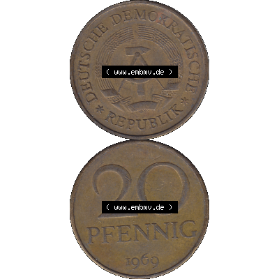 DDR Münze Umlaufmünze / Kursmünze 1969-1990, 20 Pfennig 1969-06, DDR-Telefonmünze. Vorderseite und Rückseite vertikal untereinander zusammengefügt als... Sammlung