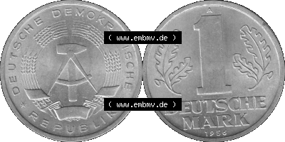 DDR Münze Umlaufmünze / Kursmünze 1956-1963, A 1 Deutsche Mark 1956 (Stück 7). Graustufen Bildmaterial als transparente PNG-Grafik... Sammlung