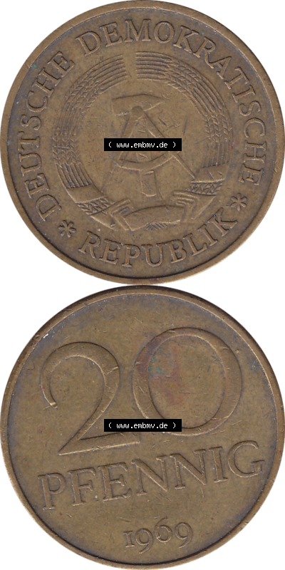 DDR Münze Umlaufmünze / Kursmünze 1969-1990, 20 Pfennig 1969 (Stück 37), 1960er Jahre, DDR-Telefonmünze. Bildmaterial als... Sammlung