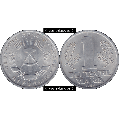 DDR Münze Umlaufmünze / Kursmünze 1956-1963, A 1 Deutsche Mark 1956-07. Bildmaterial als transparente PNG-Grafik mit der Vorderseite und Rückseite horizontal rechts... Sammlung