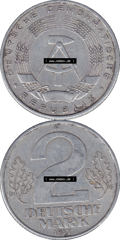 A 2 Deutsche Mark 1957, 2 / Zwei-Mark Münzen der DDR, Bild-Material der Deutschen DDR Zwei-Mark Münzen Sammlung