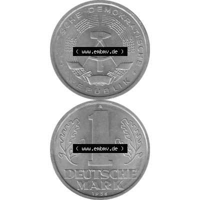 DDR Münze Umlaufmünze / Kursmünze 1956-1963, A 1 Deutsche Mark 1956-04. Bildmaterial als transparente Graustufen PNG-Grafik mit der Vorderseite und Rückseite vertikal... Sammlung