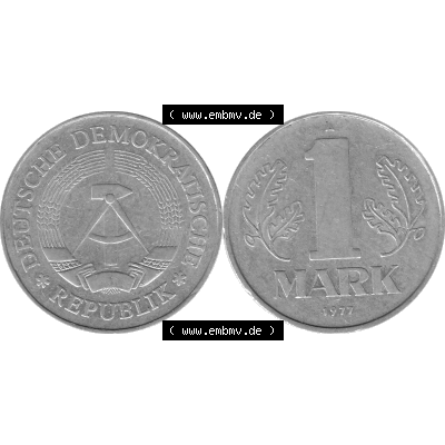 DDR Münze Umlaufmünze / Kursmünze 1972-1990, A 1 Mark 1977-06. Graustufen Bildmaterial als transparente PNG-Grafik mit der Vorderseite und Rückseite horizontal rechts... Sammlung