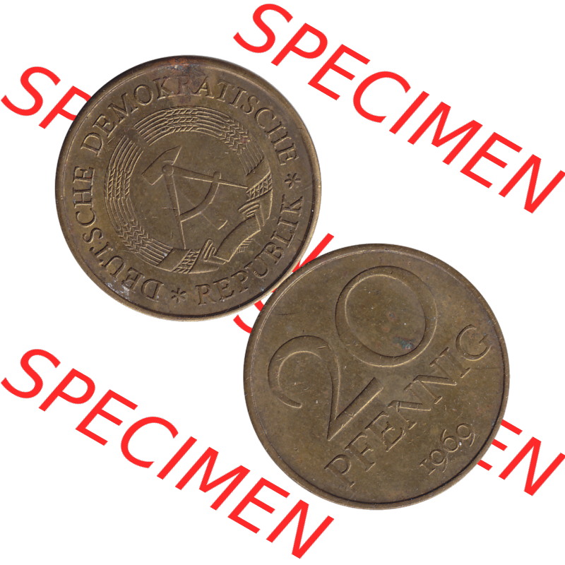 DDR Münze Umlaufmünze / Kursmünze 1969-1990, 20 Pfennig 1969-08, DDR-Telefonmünze. Bildmaterial als transparente PNG-Grafik mit der Vorderseite und Rückseite... Sammlung