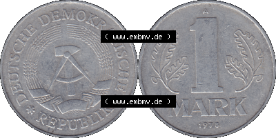 DDR Münze Umlaufmünze / Kursmünze 1972-1990, A 1 Mark 1978 (Stück 1). Vorderseite und Rückseite horizontal rechts nebeneinander... Sammlung