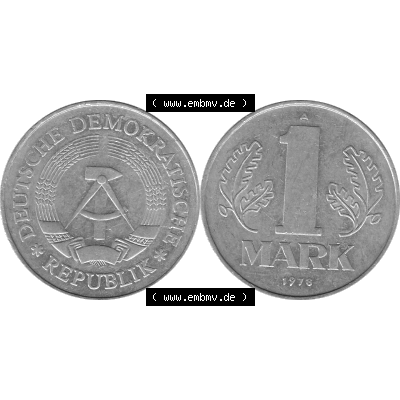DDR Münze Umlaufmünze / Kursmünze 1972-1990, A 1 Mark 1978-02. Graustufen Bildmaterial als transparente PNG-Grafik mit der Vorderseite und Rückseite horizontal rechts... Sammlung