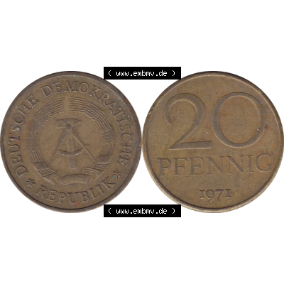 DDR Münze Umlaufmünze / Kursmünze 1969-1990, 20 / Zwanzig Pfennig 1971-02, DDR-Telefonmünze. Vorderseite und Rückseite horizontal rechts nebeneinander... Sammlung