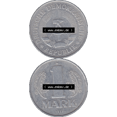 DDR Münze Umlaufmünze / Kursmünze 1972-1990, A 1 Mark 1977-07. Bildmaterial als transparente PNG-Grafik mit der Vorderseite und Rückseite vertikal untereinander zusammengefügt,... Sammlung